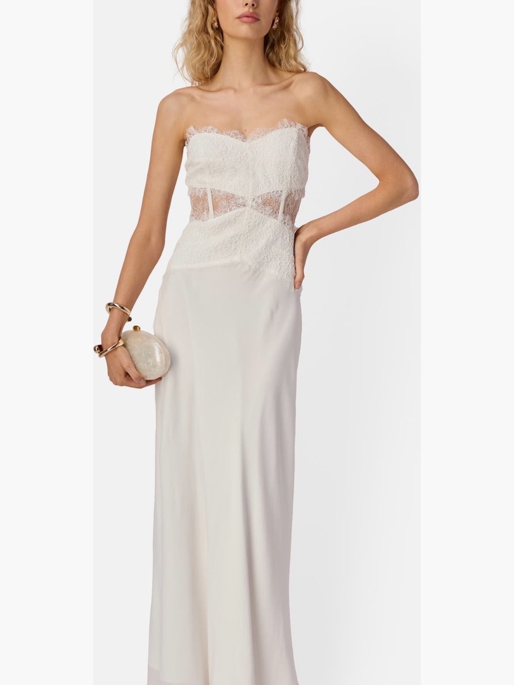 Cami NYC Strapless White Lace-Trim Gown